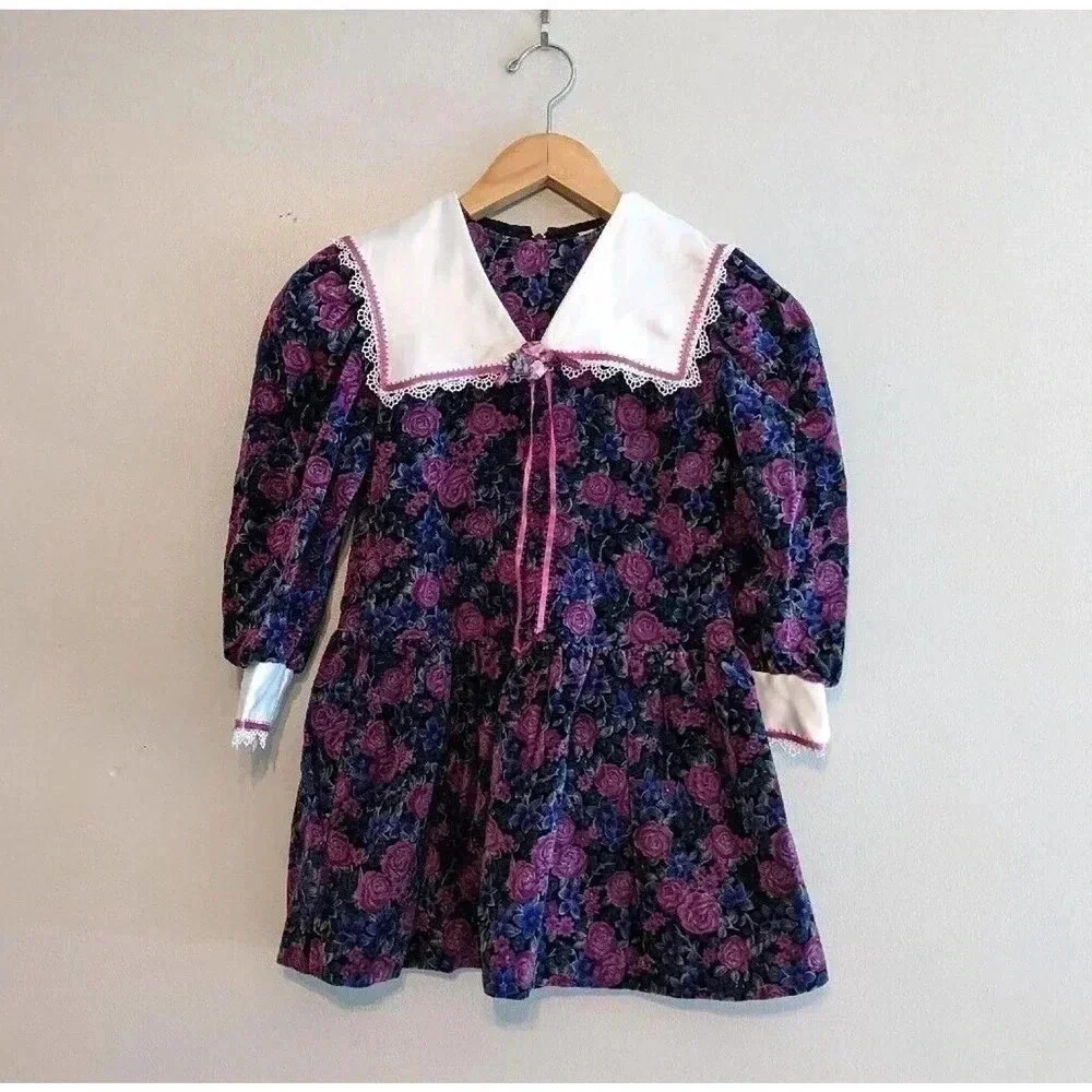 Vintage Hi Girls Inc Dark Purple Black Floral Velvet Dress Peter Pan Collar 80s